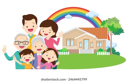 Happy big family in front of house ,rainbow