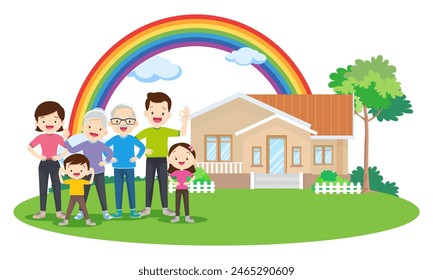 Happy big family in front of house ,rainbow