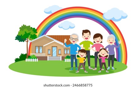 Happy big family in front of house ,rainbow