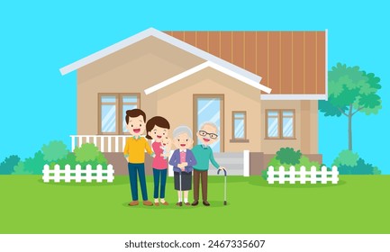 Happy big family in front of house ,rainbow