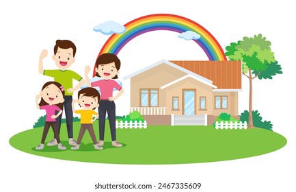Happy big family in front of house ,rainbow