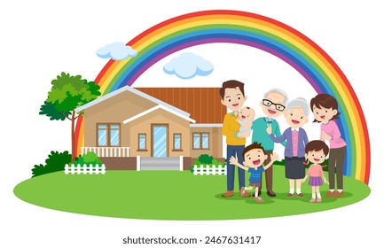 Happy big family in front of house ,rainbow