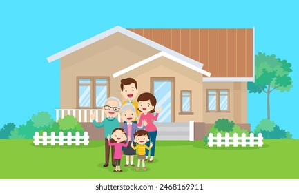 Happy big family in front of house ,rainbow