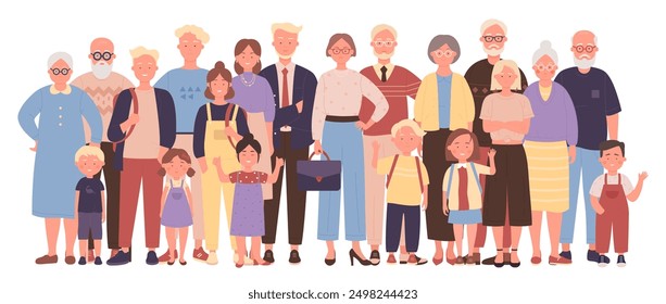 Familia grande feliz de generaciones. Familiares jóvenes y ancianos saludando con amor y sonrisa, madre y padre, abuelos e hijos de pie juntos y saludando la Ilustración vectorial de dibujos animados