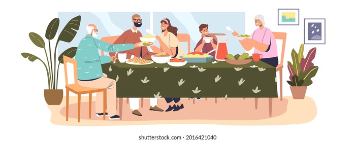 Happy big family having dinner together, parents, kid and grandparents gathering at senior grandma and grandpa house for festive meal. Cartoon flat vector illustration