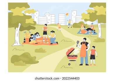 Happy big family having picnic in park in spring. Landscape with cartoon people eating under trees, children playing, city background flat vector illustration. Outdoor activity, leisure concept