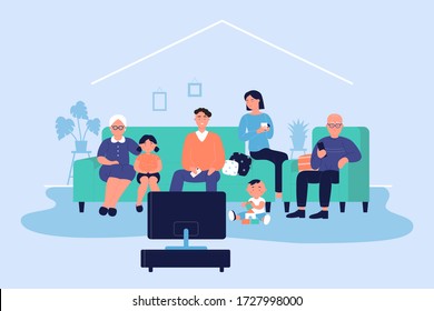 Happy big family at home vector illustration. Cartoon flat adult characters and children sitting on sofa together and watching TV news or movie in living room. Family relax in evening time background