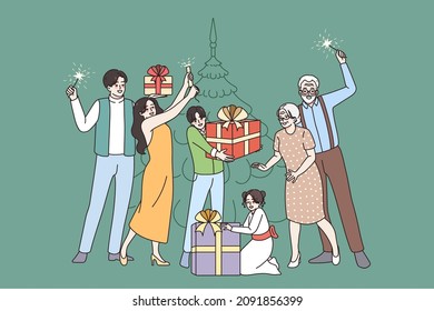 Happy big family with kids celebrate Christmas near fir-tree together. Smiling parents with children and grandparents enjoy New Year winter holidays with gifts and lights. Vector illustration. 