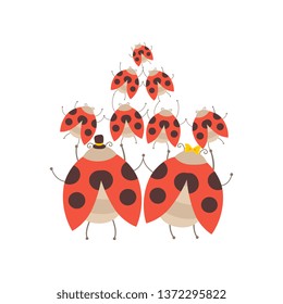 Happy Big Family of Ladybugs, Cheerful Mother, Father and Their Babies, Back View, Adorable Cartoon Insects Characters Vector Illustration