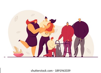 Feliz concepto de gran familia y amor. Un par de padres, dos niños, un lindo perro para mascotas, una abuela y un abuelo juntos. Ilustración vectorial en estilo plano