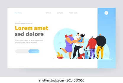 Happy big family and love concept. Couple of parents, two kids, cute pet dog, grand ma and grandpa standing together. Vector illustration in flat style