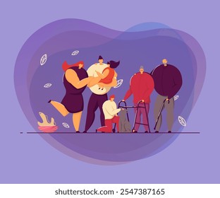 Happy big family and love concept. Couple of parents, two kids, cute pet dog, grand ma and grandpa standing together. Vector illustration in flat style