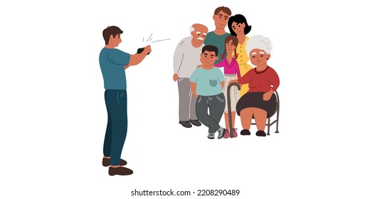 A Happy Big Family Makes A Photo Portrait On A Smartphone Camera. Grandparents, Grandchildren, Parents And Grandchildren. Flat Vector Illustration 