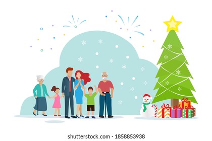 Happy big family, married couple with children and elderly in front of Christmas tree and gift boxes.  Idea for greeting season on Christmas holiday. Poster, banner, template design concept.