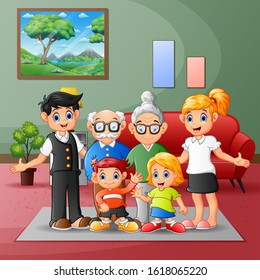 Happy big family members gathered together at home
