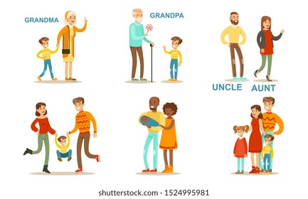 Happy Big Family Members Set, Grandma, Grandpa, Aunt, Uncle, Mother, Father, Children Vector Illustration