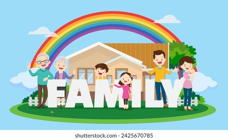 happy Big family on rainbow background of the house. Parents and children, grandparents together