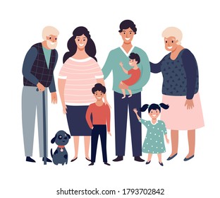 Happy big family with parents, children and grandparents standing together. 
Vector flat illustration. 