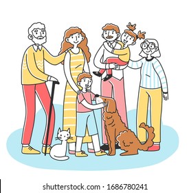 Happy big family with pets standing together flat vector illustration. Cartoon characters of mother, father, grandma, granddad, children, cat and dog. Relationship and love concept