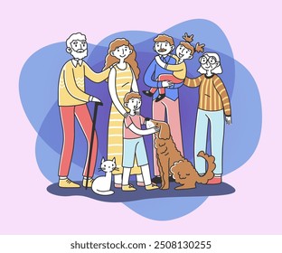 Happy big family with pets standing together flat vector illustration. Cartoon characters of mother, father, grandma, granddad, children, cat and dog. Relationship and love concept