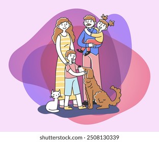 Happy big family with pets standing together flat vector illustration. Cartoon characters of mother, father, children, cat and dog. Relationship and love concept