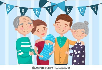Happy big family portrait, best moments on pictures, photo of family members vector Illustration
