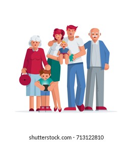Happy big family portrait. Grandmother, grandfather, mother, father son and daughter together. Elements are layered separately. Isolated on white background.