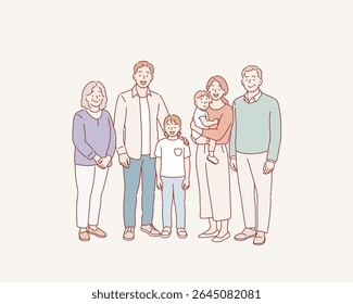 Happy big family portrait. Mom and dad, children and grandparents. Hand drawn style vector design illustrations.