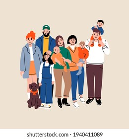 Happy Big Family portrait. Mother, Father, aunt, uncle with their Kids, nephews and dog. Hand drawn colored Vector illustration. Children with Parents and relatives. Togetherness, parenting concept