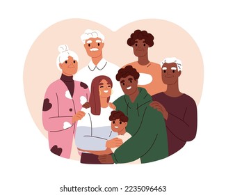 Happy big family portrait. Multiracial people of different generation, senior and young age together. Grandparents, parents, child reunion. Flat vector illustration isolated on white background.