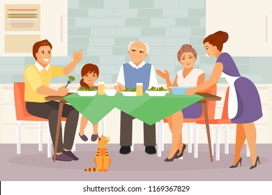 Happy big family sitting together at the table. Vector illustration