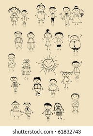 Happy big family smiling together, drawing sketch