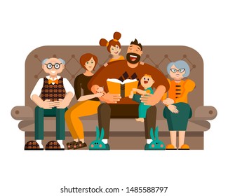 A happy big family spends leisure time together. Dad, mom, grandparents and two kids read a story at home on sofa. Dad holds the book, mom hugs dad. Flat vector. Isolated object on white background