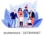 Happy big family standing together flat vector illustration. Grandma, grandpa, mom, dad, children, and pet. Smiling cartoon characters gathering in group.