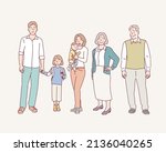 Happy big family standing together flat vector illustration. Grandma, grandpa, mom, dad, children. Hand drawn style vector design illustrations.