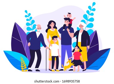 Happy big family standing together flat vector illustration. Grandma, grandpa, mom, dad, children, and pet. Smiling cartoon characters gathering in group. - Shutterstock ID 1698935758