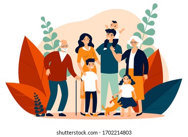 Happy big family standing together flat vector illustration. Grandma, grandpa, mom, dad, children, and pet. Smiling cartoon characters gathering in group.