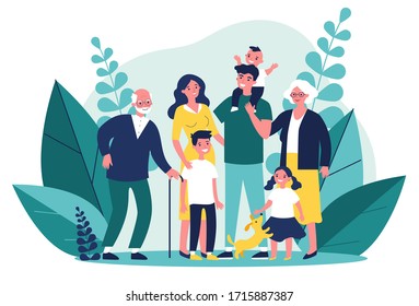 Happy big family standing together flat vector illustration. Grandma, grandpa, mom, dad, children, and pet. Smiling cartoon characters gathering in group. - Shutterstock ID 1715887387