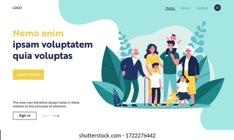 Happy big family standing together flat vector illustration. Grandma, grandpa, mom, dad, children, and pet. Smiling cartoon characters gathering in group.