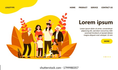 Happy big family standing together flat vector illustration. Grandma, grandpa, mom, dad, children, and pet. Smiling cartoon characters gathering in group.