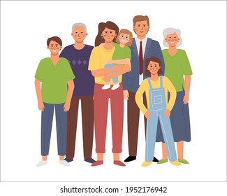 Happy big family standing together. Grandma, Grandpa, Mom, Dad, teen, child, toddler, daughter, son.