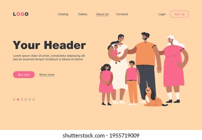 Happy big family standing together and smiling flat vector illustration. Cartoon father, mother, grandmother, grandfather, children and dog. Love and family portrait concept
