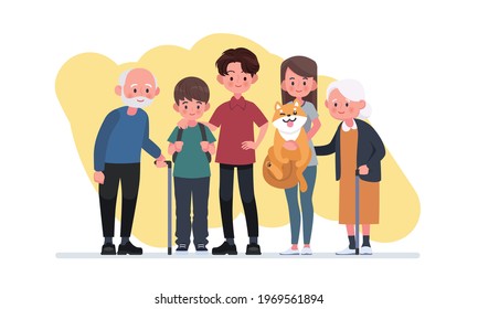 Happy big family standing together flat vector illustration.