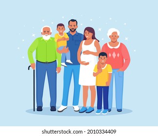 Happy Big Family Standing Together. Grandma, Grandfather, Mom, Dad, Children. Smiling Relatives Gathering In Group. Multigenerational Relationship. Vector Illustration