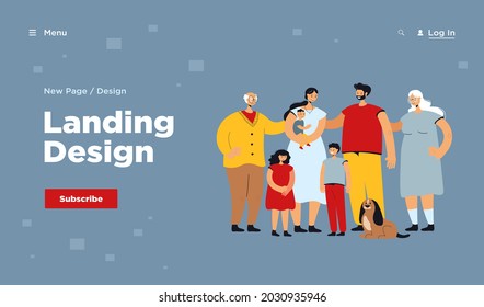 Happy big family standing together and smiling flat vector illustration. Cartoon father, mother, grandmother, grandfather, children and dog. Love and family portrait concept