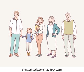 Happy big family standing together flat vector illustration. Grandma, grandpa, mom, dad, children. Hand drawn style vector design illustrations.