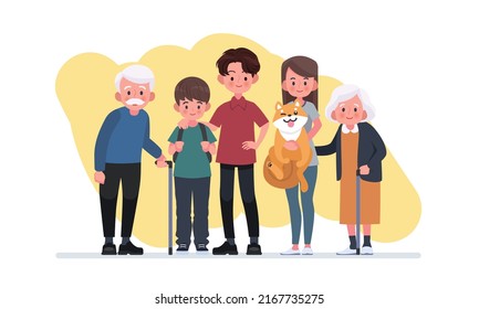 Happy big family standing together flat vector illustration.