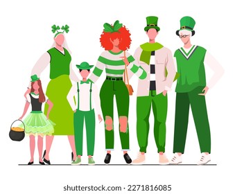 Happy big family standing together with different holiday symbols celebrating St. Patrick's Day. Father, mother, grandfather, grandmother and children. Smiling cartoon characters gathering in group.