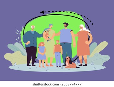 Happy big family standing together and smiling flat vector illustration. Cartoon father, mother, grandmother, grandfather, children and dog. Love and family portrait concept