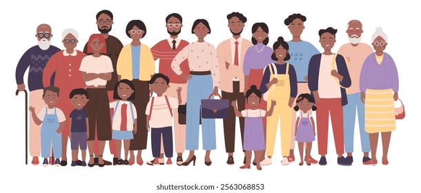 Happy big family standing together. Fun portrait of children and parents, grandparents. Reunion of relatives, mother and father, grandmother and grandfather, kids and teens cartoon vector illustration